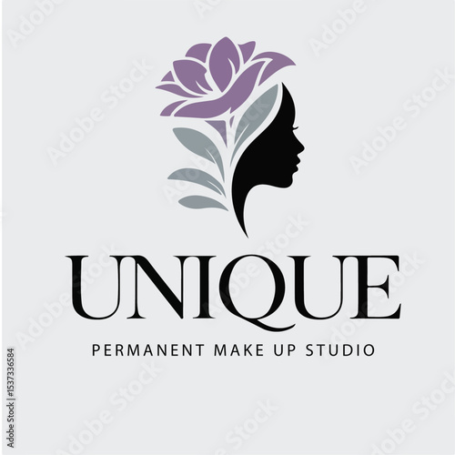 Elegant Floral Woman Face Logo – Lavender and Gray Design for Permanent Makeup Studio