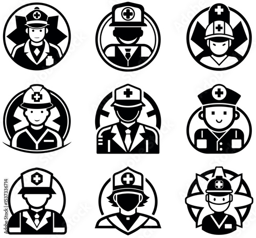 Medical Emergency Responder and Paramedic Professional Icon Set