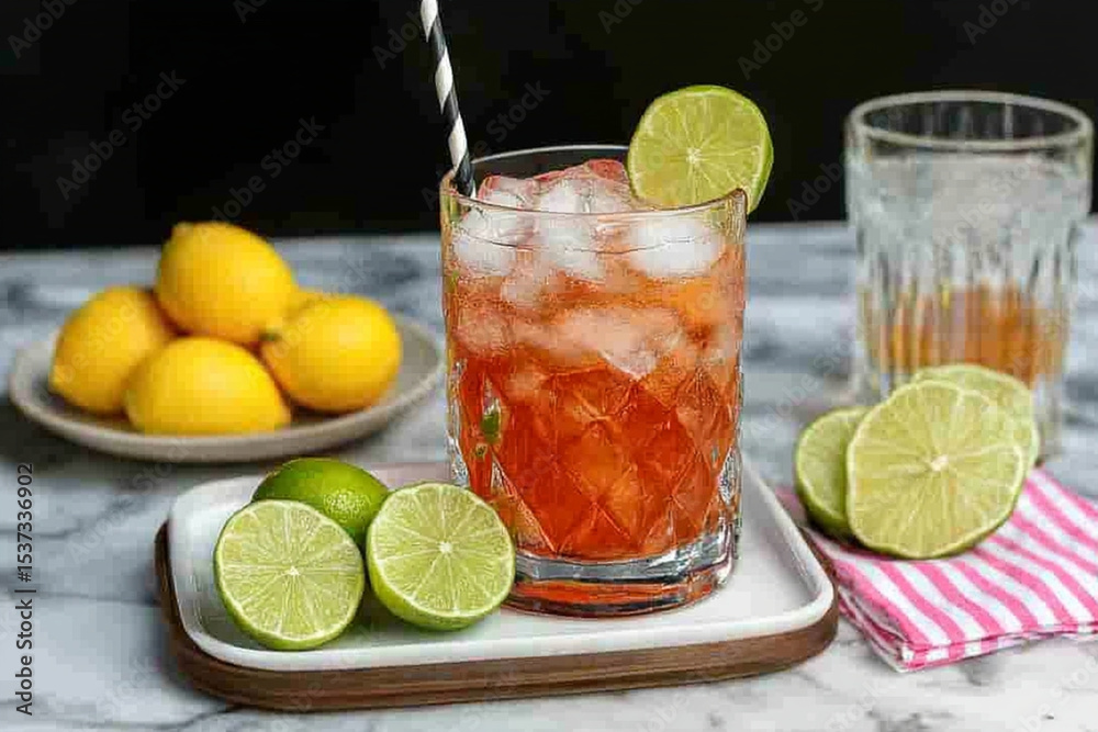 Fototapeta premium Refreshing lime beverage served with fresh limes and lemons on display