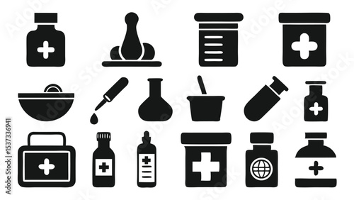 Collection of isolated medical and pharmaceutical icons in simple black and white silhouettes