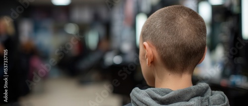 Young white child with buzz cut in a salon, back view Concept of new hairstyle, hair treatment, and beauty