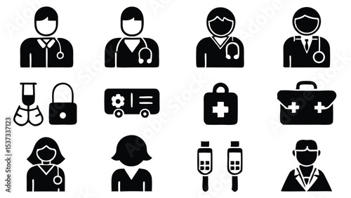 Collection of medical icons depicting doctors, emergency services and healthcare elements in silhouette