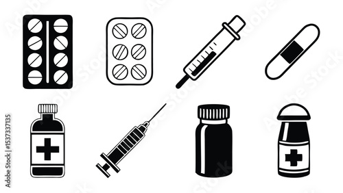 Collection of medical icons representing healthcare medication and pharmacy in simple black outlines.