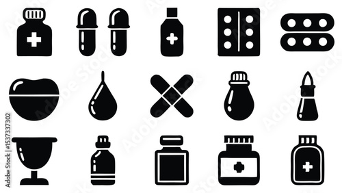 Collection of minimalist black and white medical icons illustrating pharmaceutical equipment and supplies.