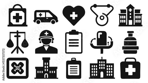 Collection of medical icons representing health ambulance hospital heart stethoscope and first aid kit