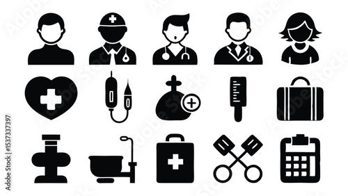 Collection of modern black medical icons representing healthcare and professions