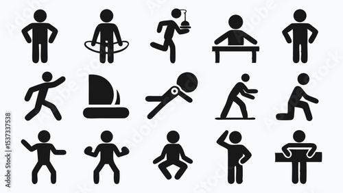 Collection of simple black silhouette illustrations representing various activities and exercises