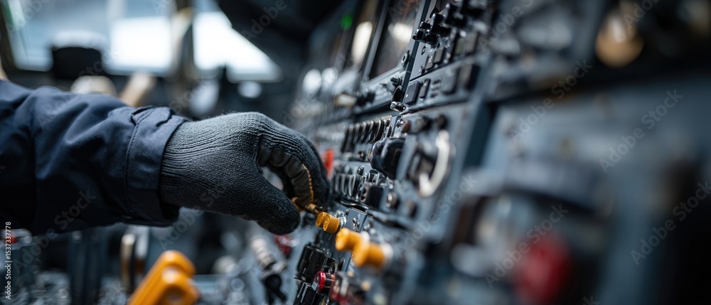 custom made wallpaper toronto digitalMan in gloves operating vintage aircraft cockpit controls, adjusting settings on the dashboard Concept of aviation, pilot, technology, and aerospace engineering