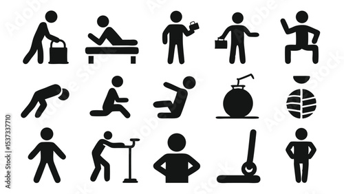 Collection of vector pictograms showing everyday activities and exercises depicting simple silhouettes