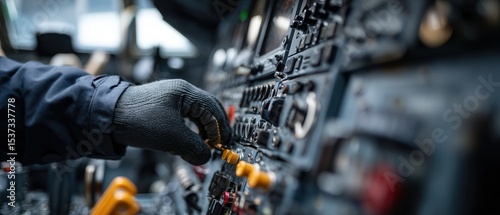 Wallpaper Mural Man in gloves operating vintage aircraft cockpit controls, adjusting settings on the dashboard Concept of aviation, pilot, technology, and aerospace engineering Torontodigital.ca