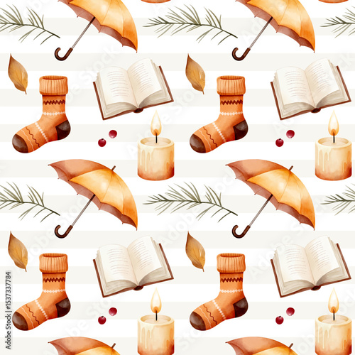 Watercolor pattern with umbrella, sock, book, candle for autumnal design. Cozy fall seamless pattern.