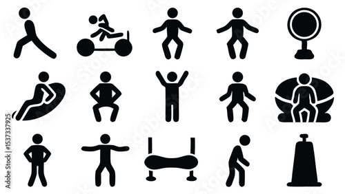 Illustrated collection of diverse silhouetted stick figure icons representing activities and actions