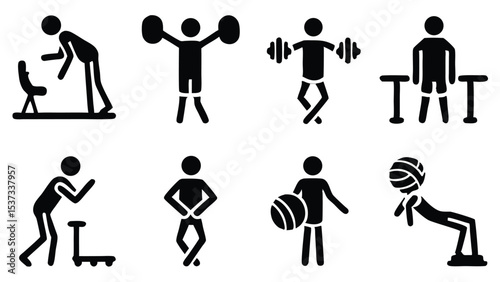 Illustrated silhouette fitness exercises demonstrating gym workout training and bodybuilding