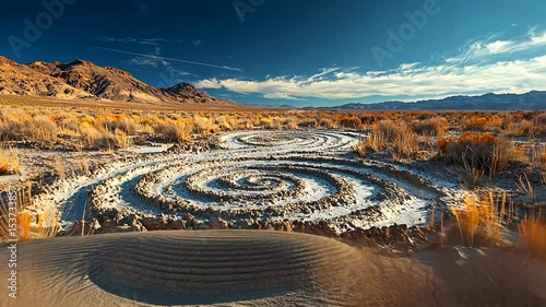 Serpentine patterns of sand in a vast desert landscape under a clear blue sky at sunset
