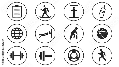 Set of minimalist iconographic symbols representing activities and essentials within circles