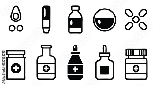 Set of monochrome icons depicting medical bottles pills capsules and medicine related symbols