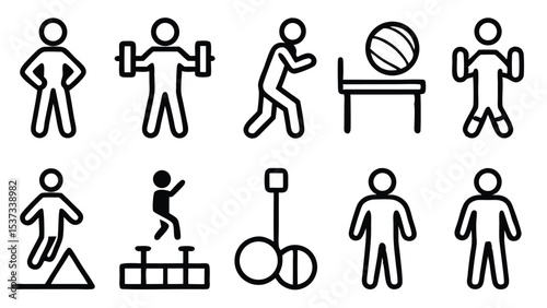Set of simple black and white iconographic illustrations depicting various exercise activities