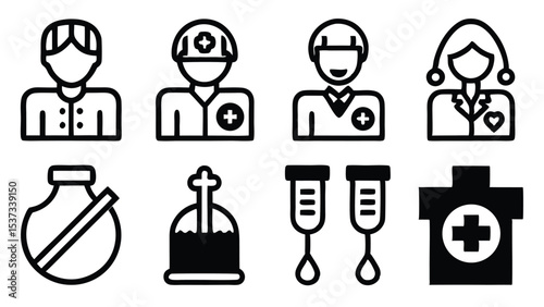 Set of simple icon illustrations depicting medical professionals and medical equipment in black and white