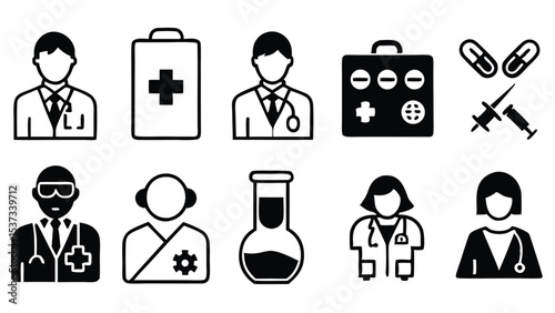 Simple medical and healthcare icons representing doctors, tools, and medical related elements