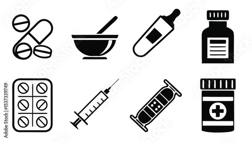 Simple medical icons depicting various pharmaceutical tools and healthcare elements in black and white