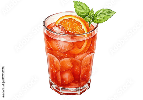 A refreshing aperol spritz, isolated on transparent background, garnished with an orange slice and mint sprig