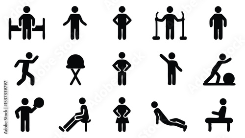 Stylized black silhouettes illustrating daily activities and exercise routines