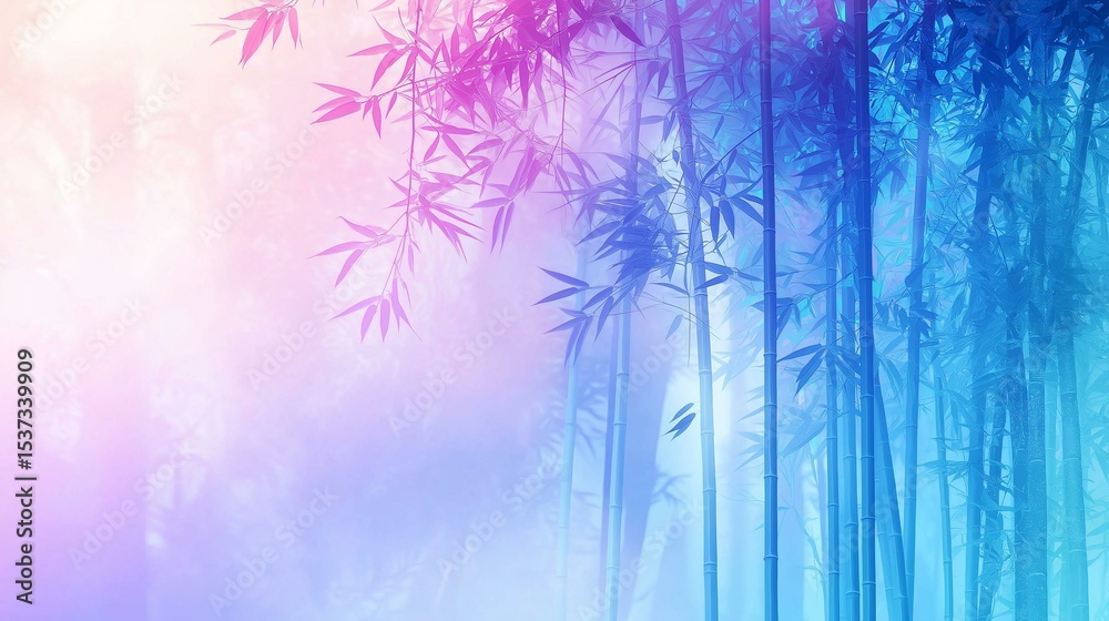 Fototapeta premium Digital illustration of a bamboo forest. the background is a gradient of blue and pink, with the blue on the right side and the pink on the left side.
