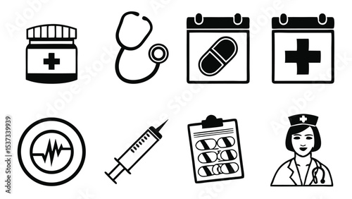 Vector illustration featuring medical icons of medicine, stethoscope, and a healthcare nurse