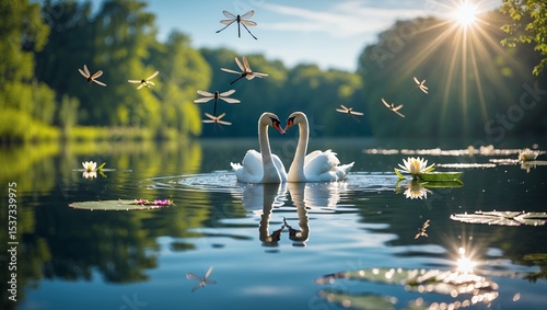 Swans Forming Heart Shape on Calm Lake with Dragonflies and Sunlight