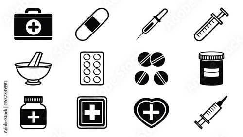 Vector illustration of healthcare medical icons depicting essential medicine and equipment
