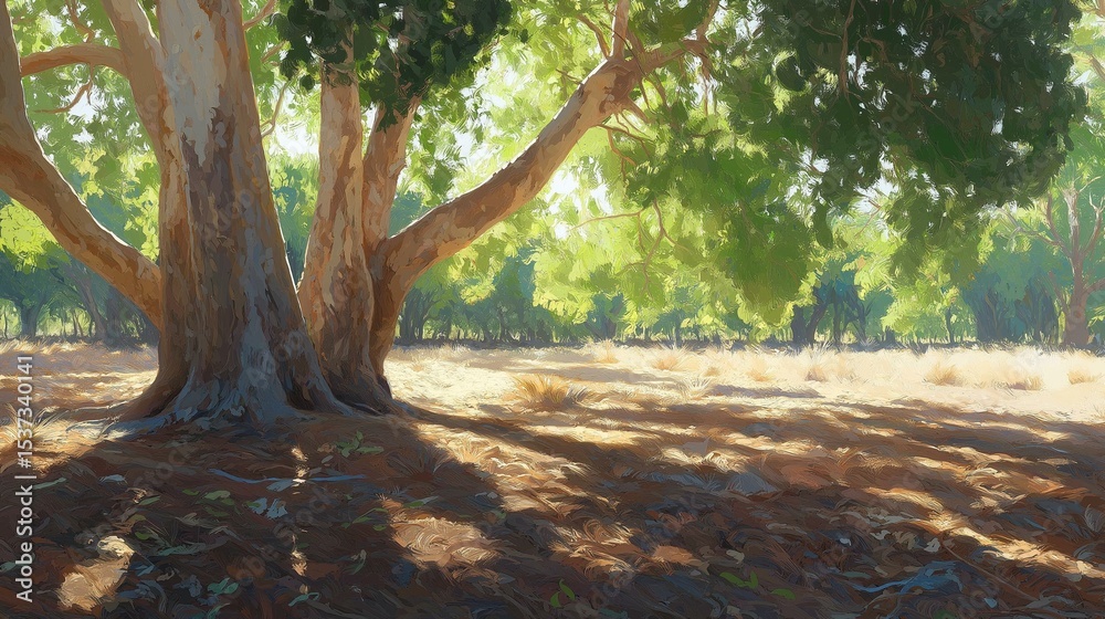 Obraz premium Painting of a large tree in the middle of a field. the tree has a thick trunk and a large canopy of green leaves. the leaves are spread out in all directions, creating a canopy over the tree.