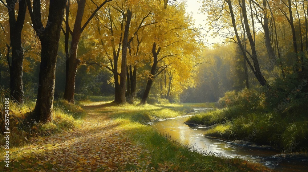 Obraz premium Beautiful landscape of a forest during autumn. the trees on either side of the path are tall and slender, with their leaves changing colors in shades of yellow, orange, and red.