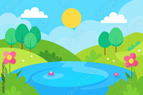 Serene Summer Landscape Idyllic Lake, Rolling Hills, and Blooming Flowers