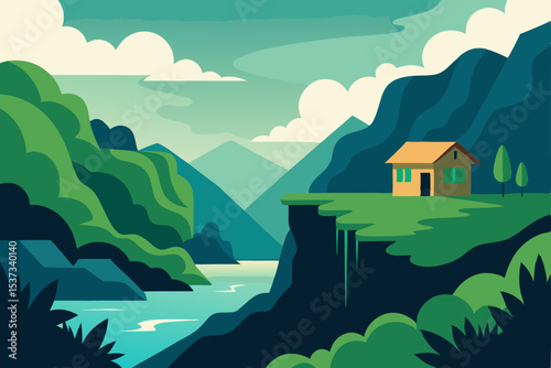 Serene Mountain Retreat House nestled in a lush valley landscape illustration