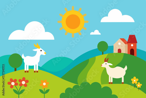 Idyllic Farm Scene Goats Grazing in Sunny Meadow Landscape