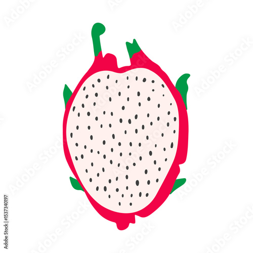 Exotic dragon fruit slice in flat style. Modern minimalist illustration with pitaya. Vector clipart
