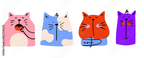 Set of funny colorful cute hand draw cat faces with different emotions. Clipart doodle collection with pets in flat style.