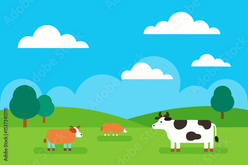 Farm Animals in a Sunny Meadow Idyllic Pasture Scene with Cows and Sheep