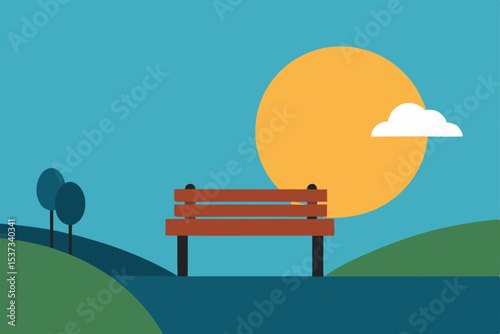 Serene Sunset Park Bench by the Lake, Peaceful Evening Scene
