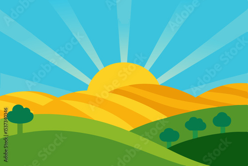 Sunrise Over Rolling Hills A Vibrant Summer Landscape Illustration