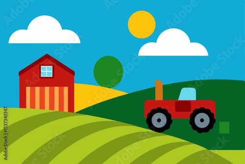 Vibrant Farm Scene Illustration Tractor, Barn, and Rolling Hills