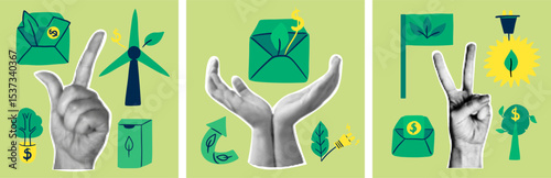 Green investment modern vintage collage set. Halftone hands, money, and environmental symbols. Renewable energy and eco-friendly business concept illustration. ESG set.