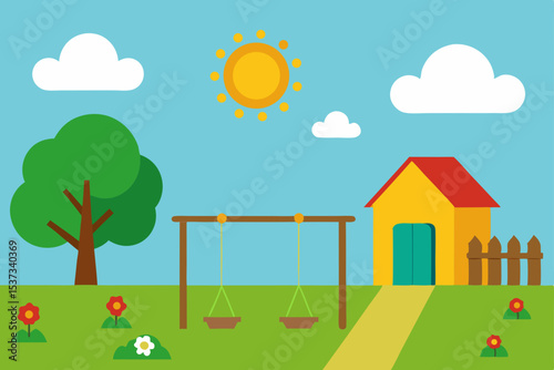 Sunny Day Playground Fun Swing Set, Tree, and Play House Illustration