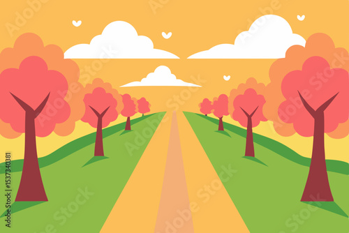 Autumnal Road A Scenic Pathway Through Colorful Trees and Rolling Hills