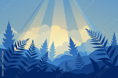 Serene Blue Forest Landscape Sunlit Ferns and Misty Mountains Illustration