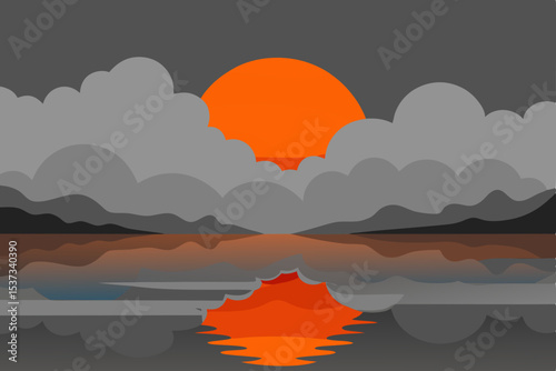Serene Sunset Landscape Orange Sun Reflecting on Calm Waters