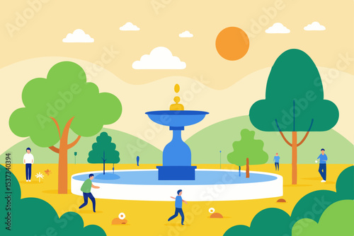 Serene Park Scene Fountain, People Relaxing, Summer Fun