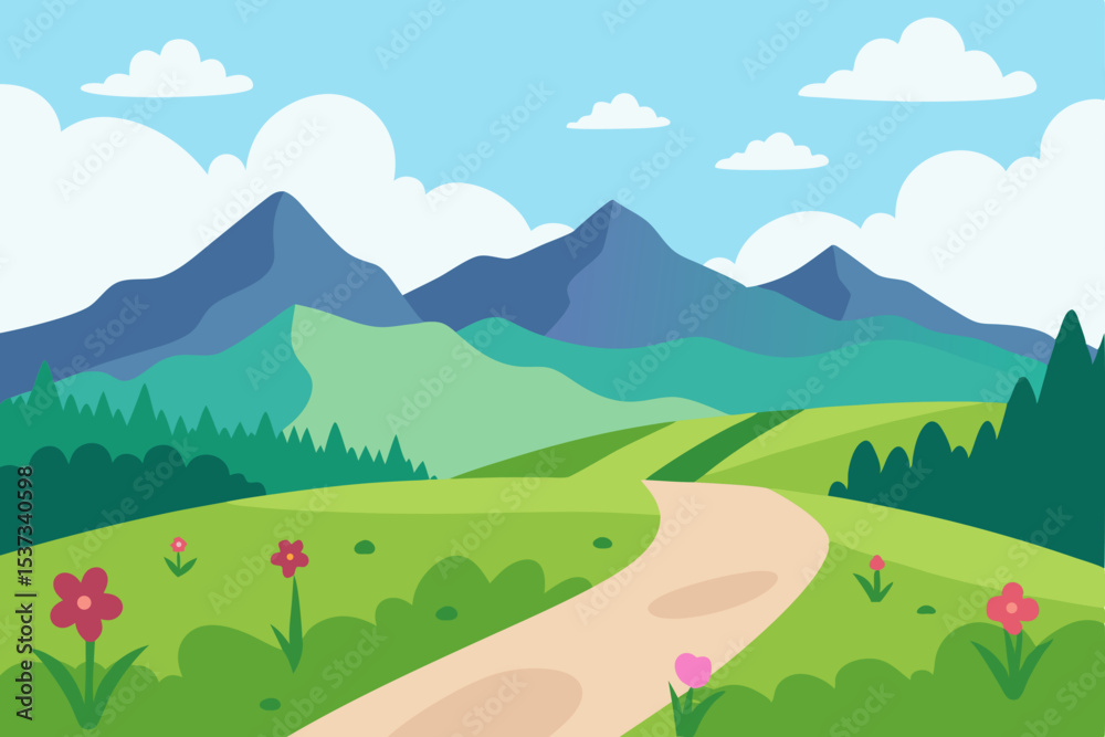Naklejka premium Serene Mountain Landscape A Picturesque Winding Path Through Lush Meadows and Majestic Peaks