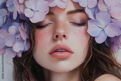 Serene woman with purple hydrangeas in hair