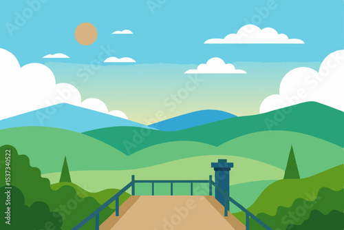 Serene Mountain View Panoramic Landscape Illustration of Rolling Hills and a Scenic Vista